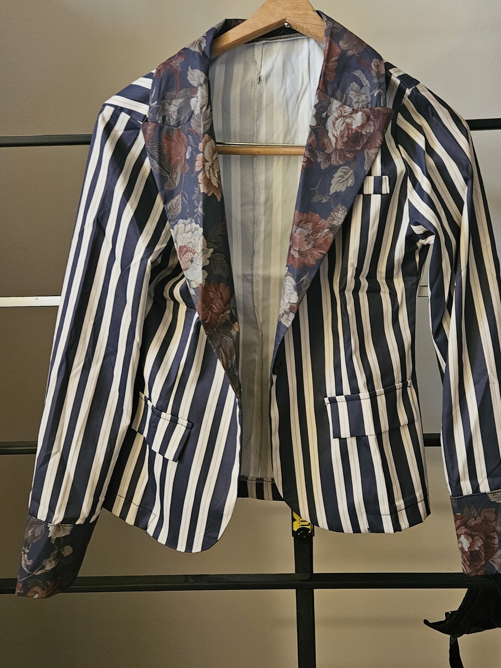 SHEIN Navy & White Striped Blazer with Floral Lapel